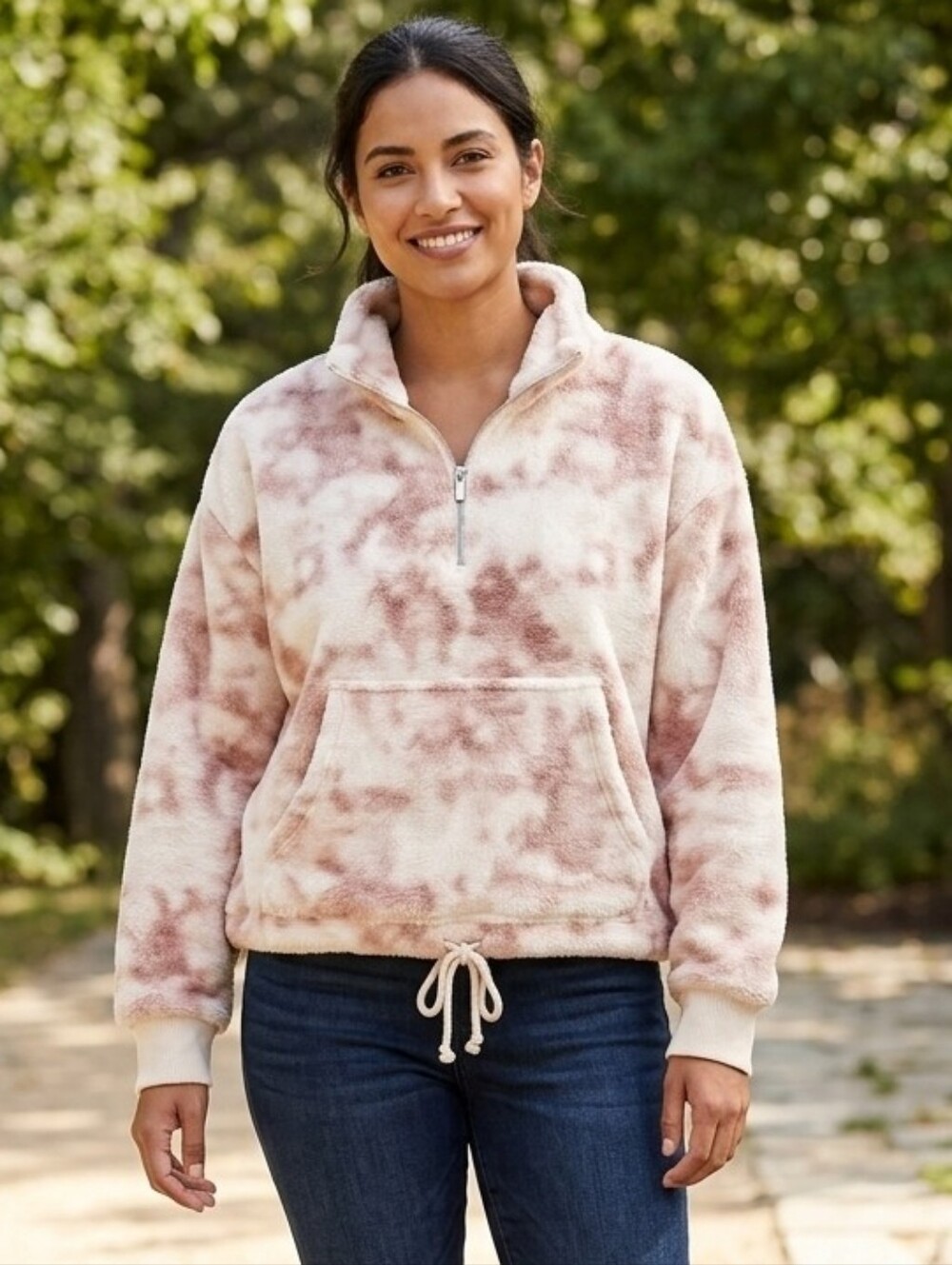 Old Navy Pink Tie-Dye Cozy Sherpa Half-Zip Pullover Sweatshirt - Size M